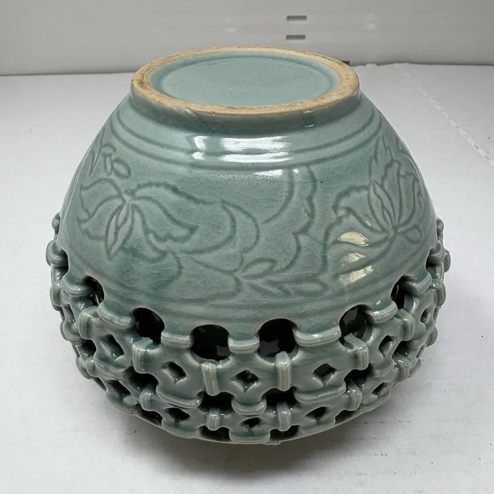 Korean Celadon Double Wall Openwork Vase W/Inlaid Crane & Cloud Motif 5” x 6”
